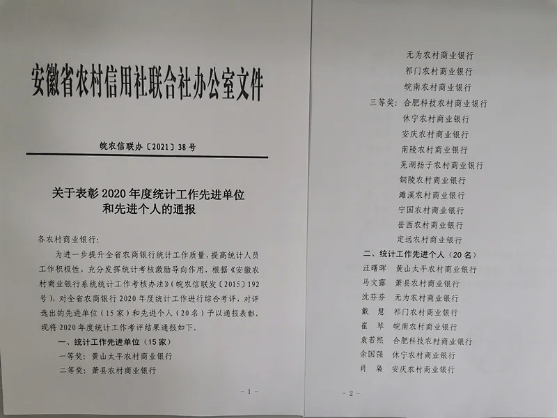 太平农商银行以优良成绩被安徽省农村信用社联合社评为"2020年统计