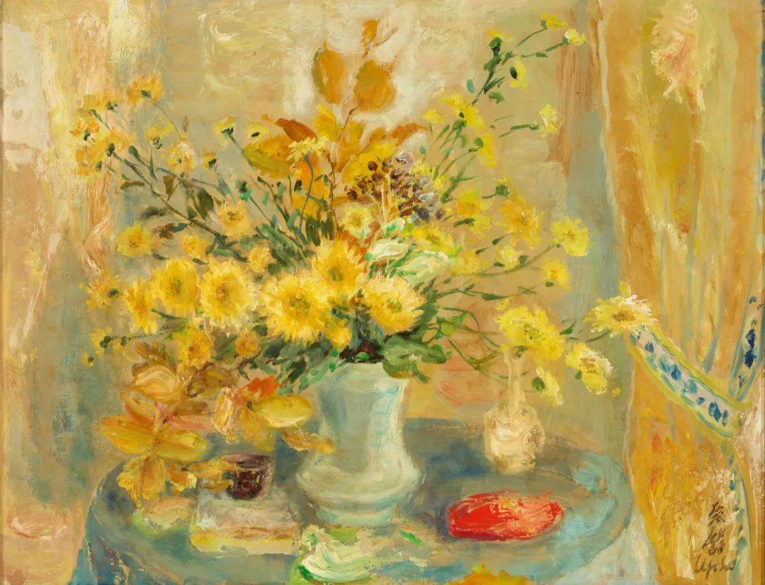 本次将呈现他的一幅宏伟的作品《蛋白石花瓶》——一幅精致的丝绸油画