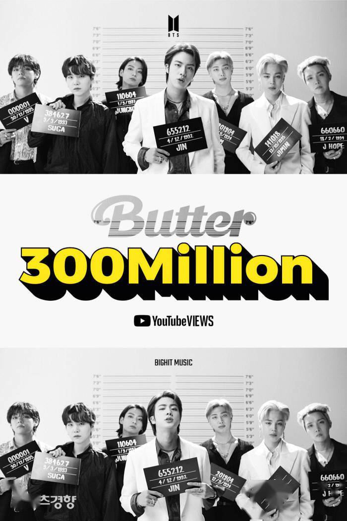 防弹少年团《butter》mv油管点击量突破3亿次
