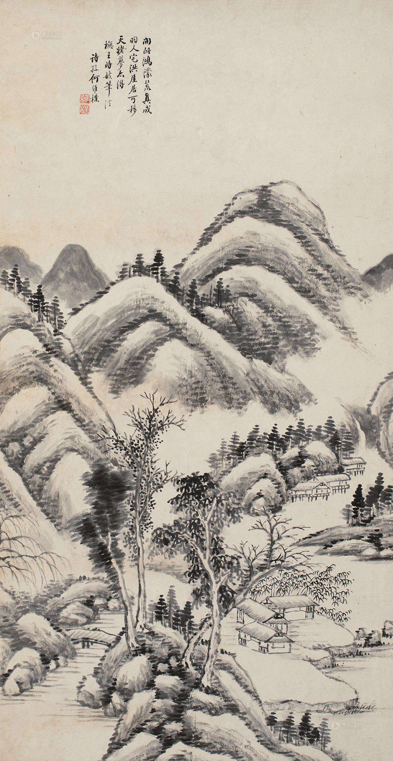 他少学董其昌其作苍润松秀浑厚清逸开创山水画娄东派