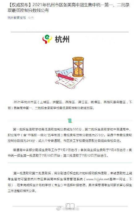 考生|杭州市区各类高中招生集中统一第一、二批录取最低控制分数线公布