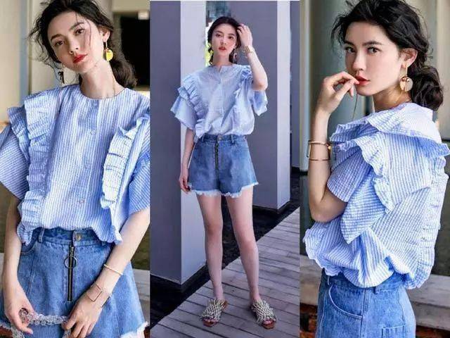 流苏牛仔短裤搭配3,今年流行淡蓝色的条纹衬衫,是非常衬肤色显白的