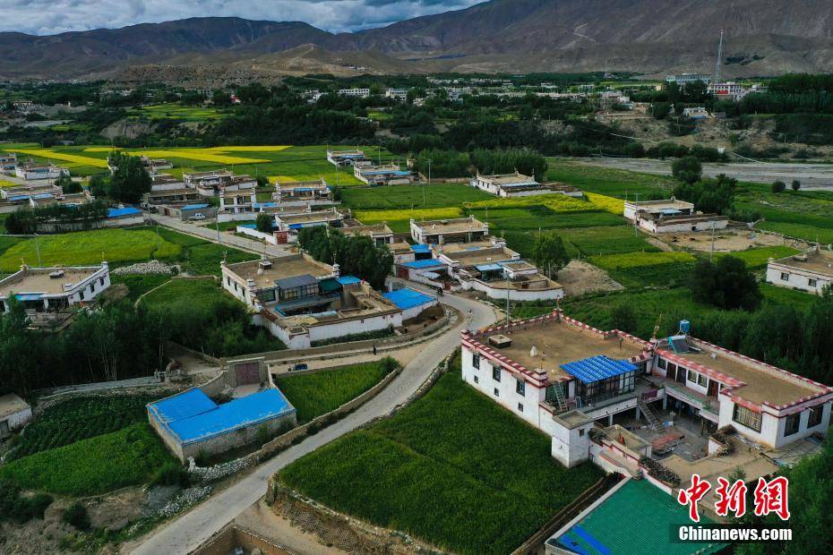 航拍西藏尼木县夏季田园风光