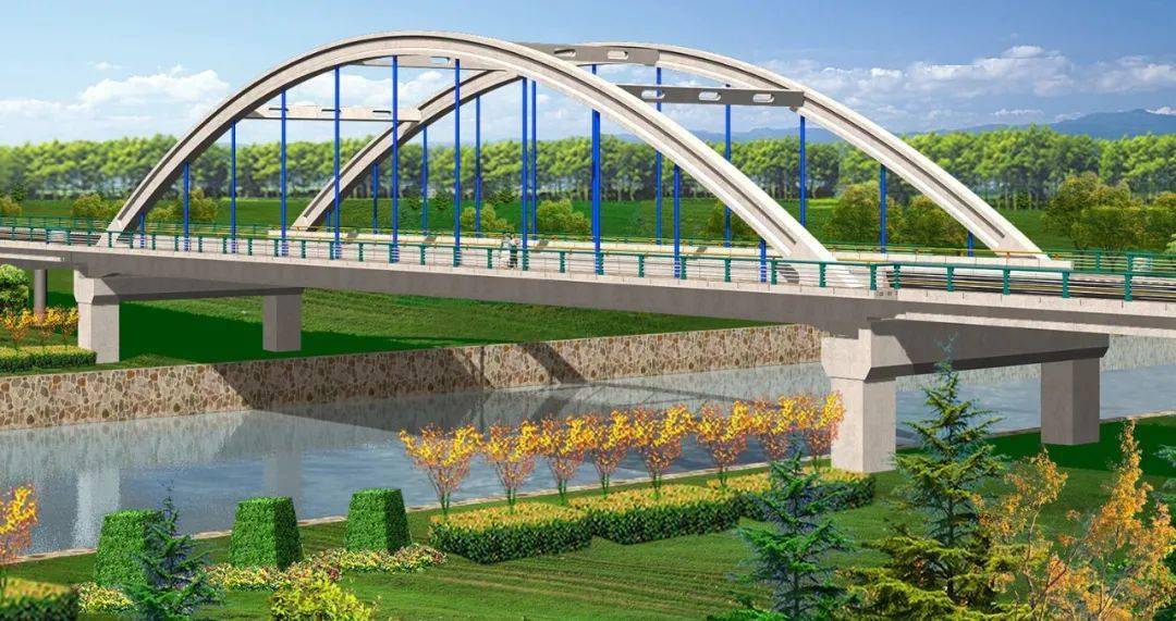 桥梁设计为双拱肋下承式预应力系杆拱桥,长度342米,桥面宽度8米,双向