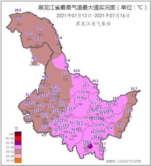 黑龙江省7月12日至16日最高气温最大值实况示意图