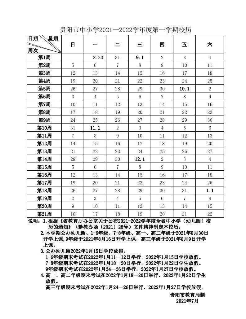 重磅贵阳市中小学20212022学年度校历来啦