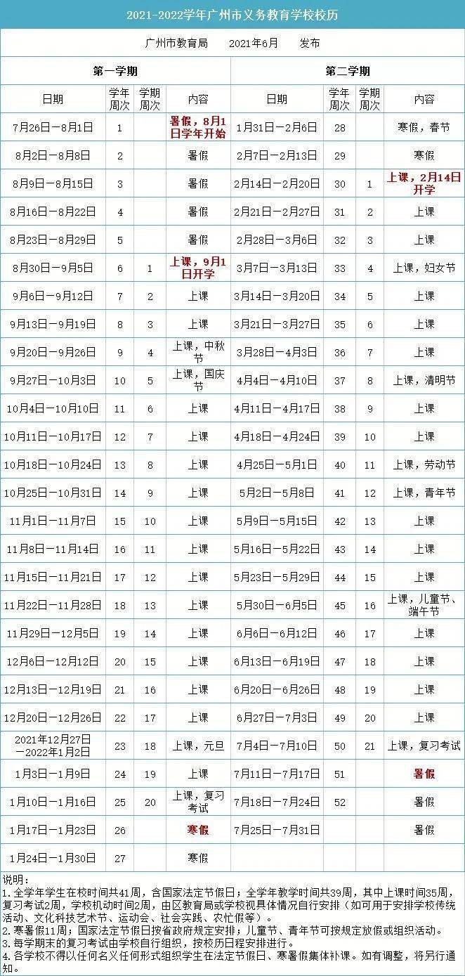 廣州中小學2021-2022學年校歷出爐!_寒暑假