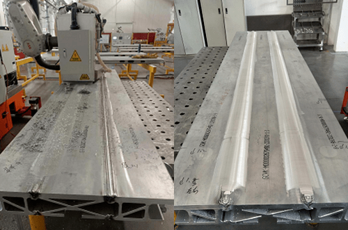 a)枕梁打磨前 b)枕梁打磨后图4 加工完枕梁效果图4是机器人打磨的过程