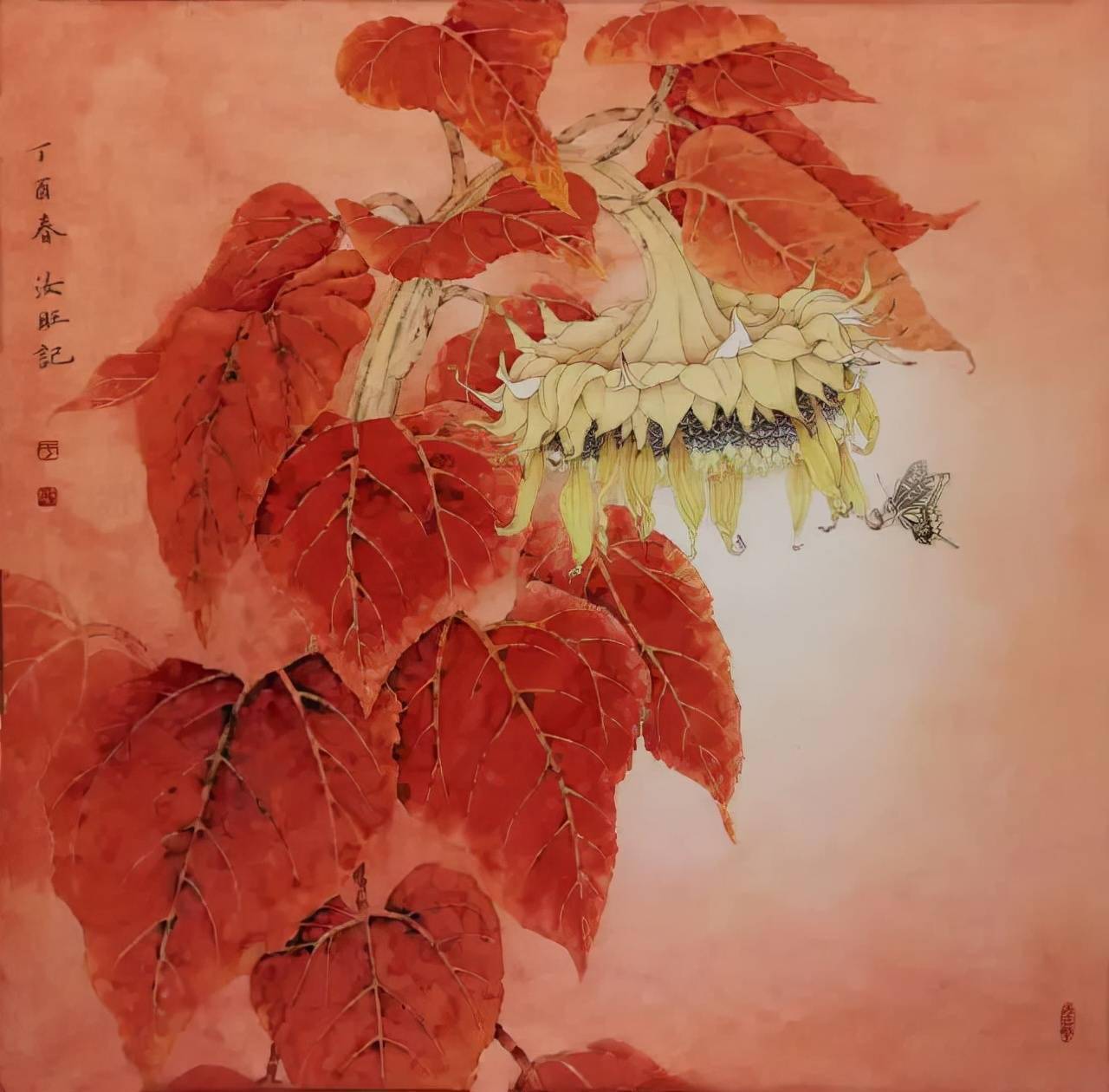 工笔向日葵创作,在没有前人范本可参照的前提下,通过多年的探索,采用