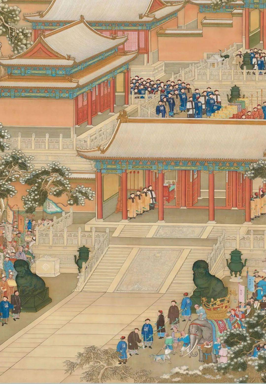 清代《万国来朝图》,故宫博物院藏.太和门前有两个铜狮子.