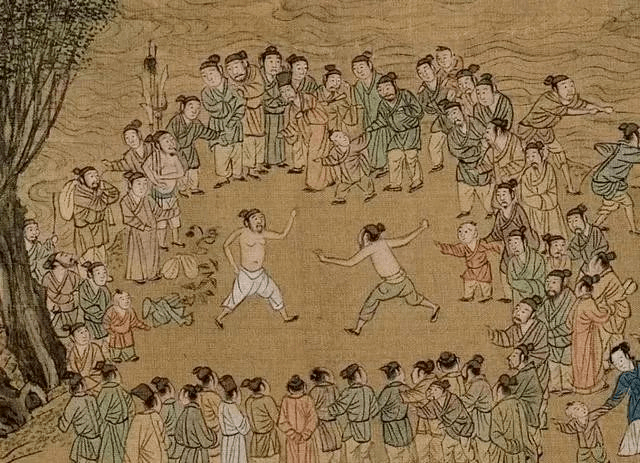 (明代 仇英 《南都繁会景物图卷》局部)宋代相扑比赛已有正式的规则