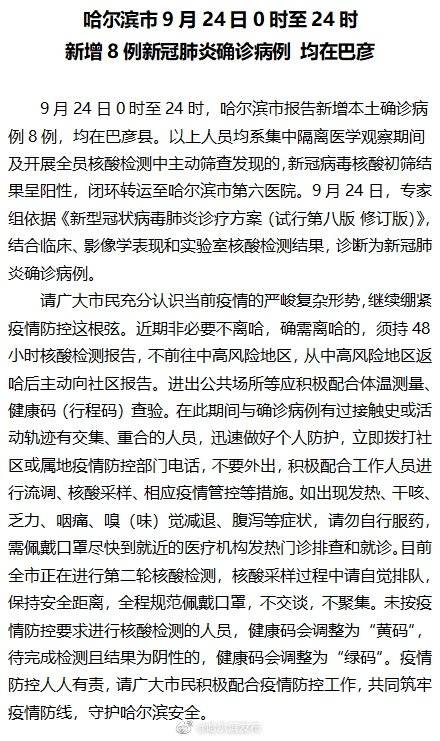 筛查|哈市9月24日0时至24时新增8例新冠肺炎确诊病例 均在巴彦