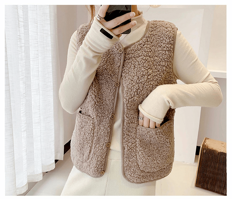 口袋 35元！抢购班菱羊羔绒马甲外搭背心外套