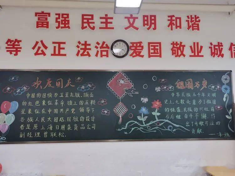 悬挂五星红旗,出示爱国标语,班级迎国庆黑板报,校园国庆宣传栏,以图片