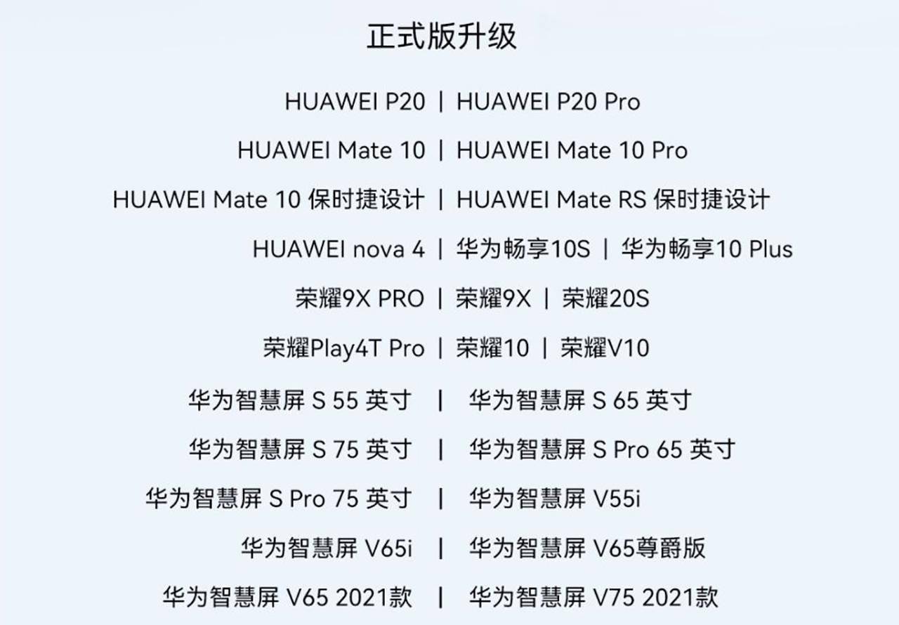 华为p20系列,华为mate 10系列,华为nova 4,华为畅享10s和畅享10 plus