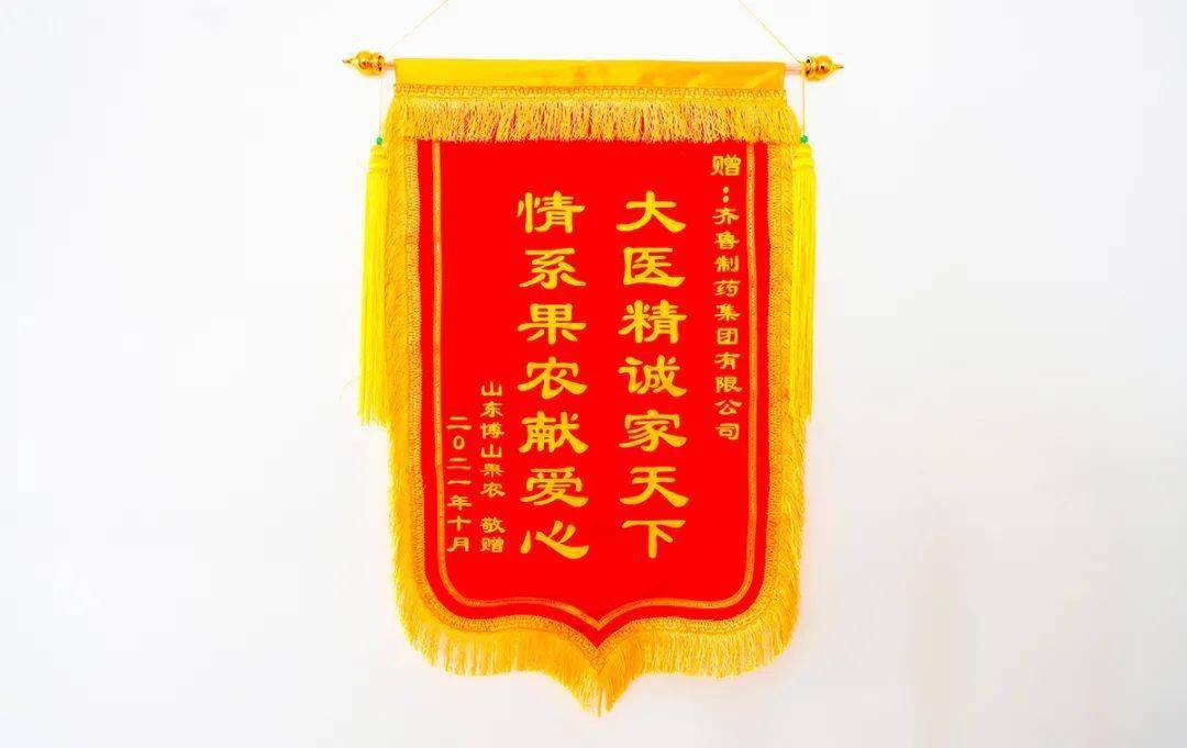 大医精诚家天下情系果农献爱心博山果农向齐鲁制药赠送爱心义购锦旗