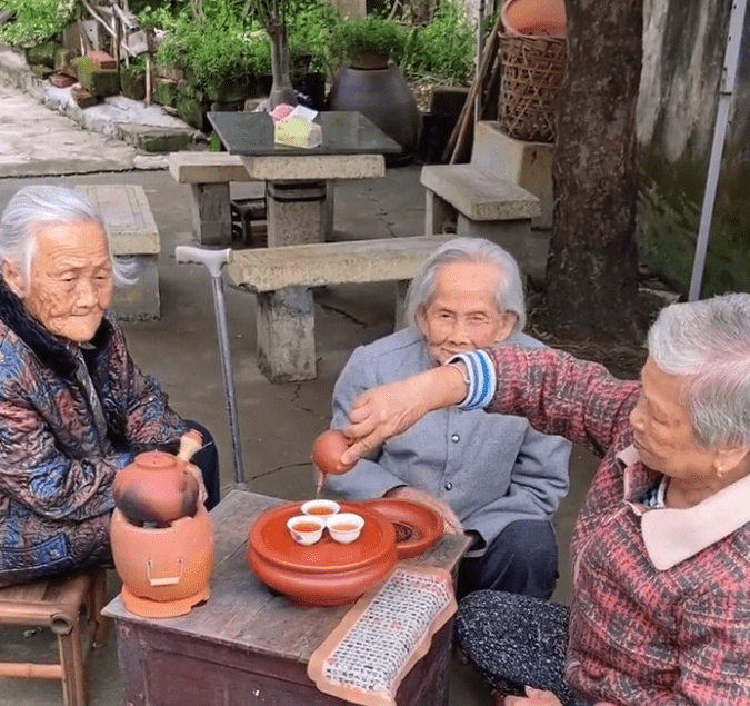 安逸!广东三位老奶奶在树下喝茶聊天,完美诠释了什么叫岁月静好
