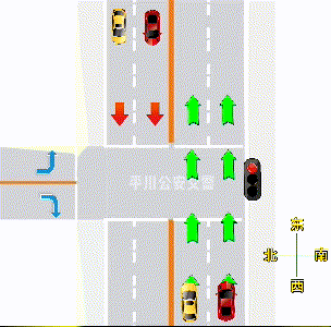 一,平中路口为丁字路口,红灯时,由西向东行驶车辆可直行通行