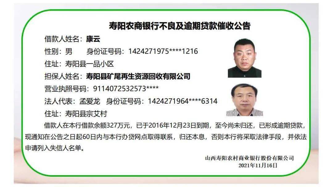 寿阳农商银行2021年不良及逾期贷款催收公告第五十五期