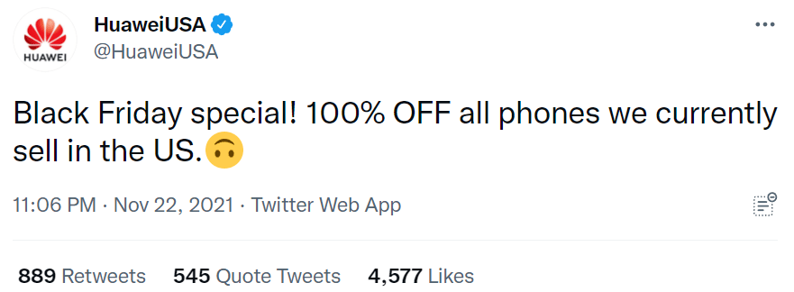华为官方调侃：所有美国在售华为手机享100%折扣