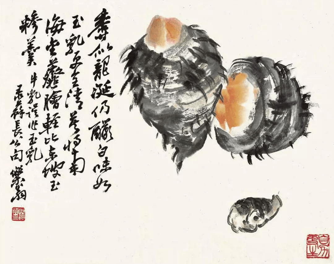 此幅芋头,浓淡大小变化错落,芋球以水墨而成,赭石色嫩芽透露出生机.