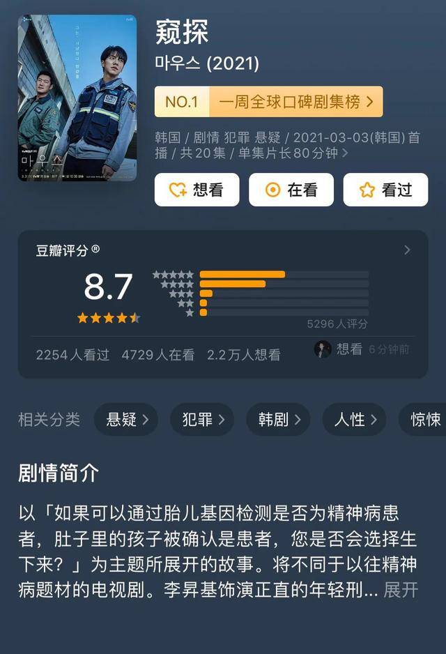 《mouse》中文名《窥探》,从网上一片叫好的呼声中,这部剧在豆瓣也被