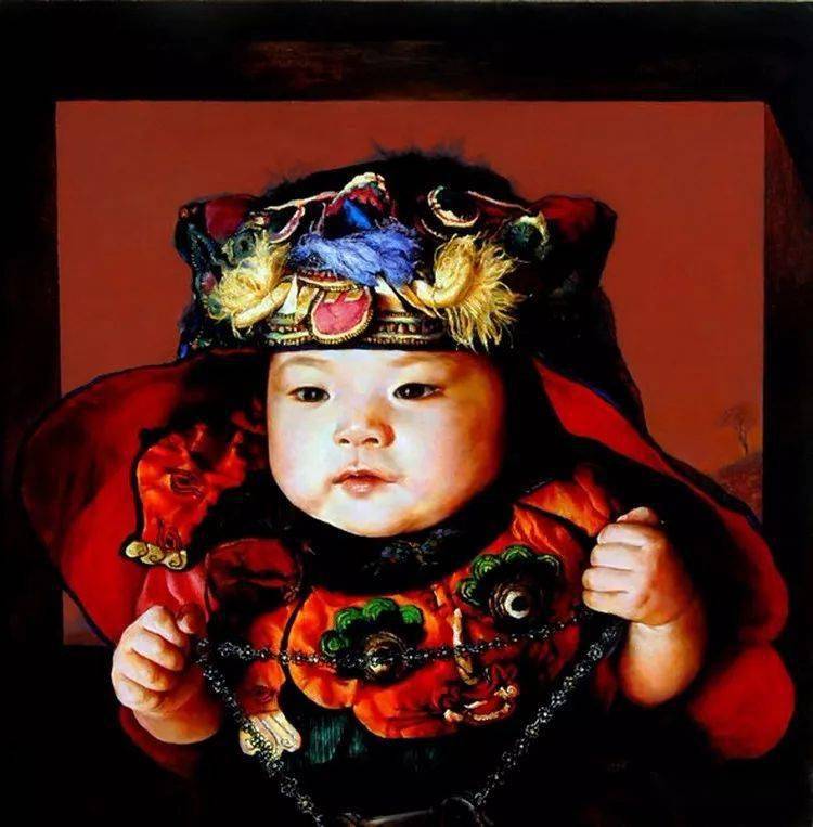 乡愁油画戴虎头帽的娃娃