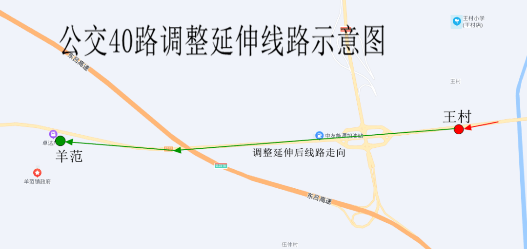 調整後,公交40路由公交五公司發車,行駛至王村站後,沿s222省道(向西)