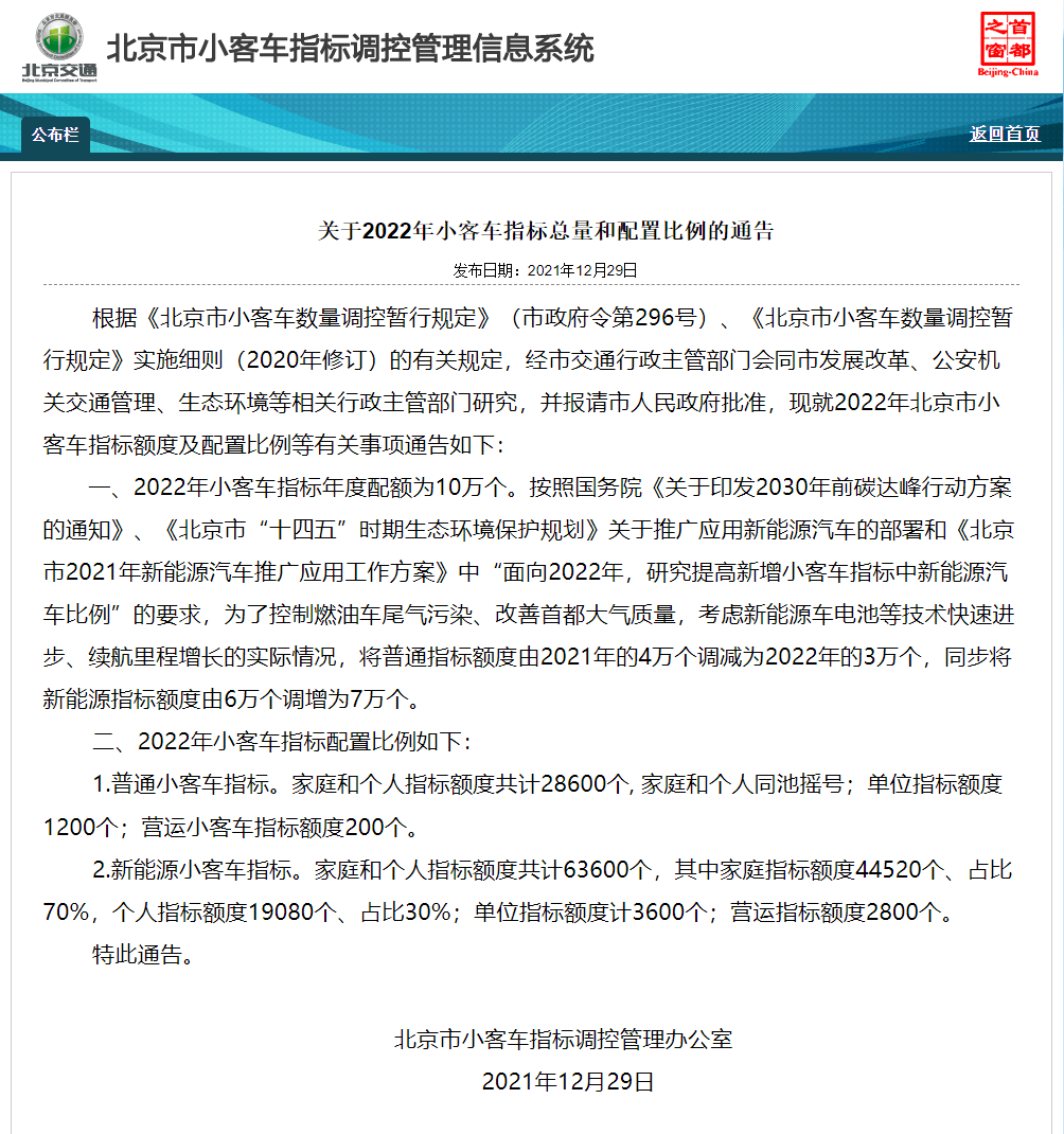 明年北京小客车指标年度配额10万个新能源指标增加