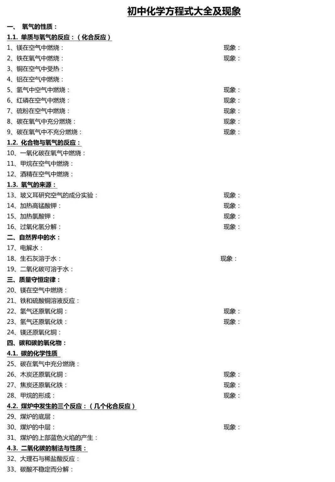 网络|初中化学方程式+反应现象（默写版），期末考前再练一遍