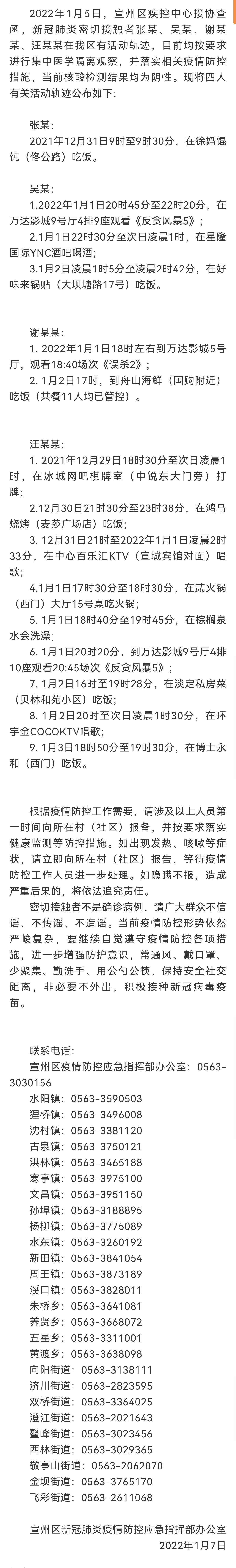 通告|安徽宣城公布4名新冠肺炎确诊病例密切接触者活动轨迹