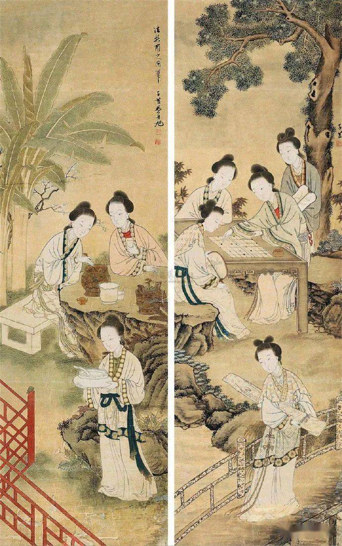 清代画家費丹旭・中国書画讀書図・描金』肉筆紙本・掛軸卷画・中国美術