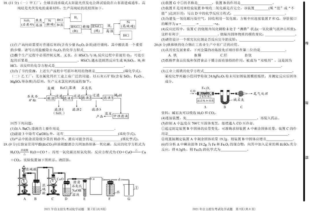 自主招生青岛十九中2021年自主招生考试化学试题附答案