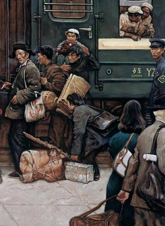 巨幅油画回乡的绿皮火车超震撼