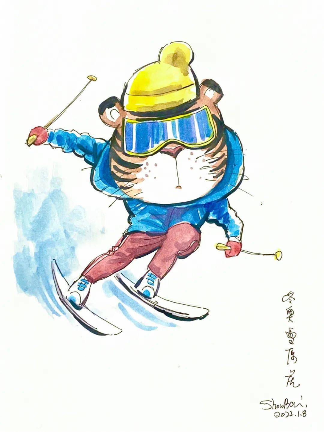 双板滑雪虎这副画作描绘的是一个头戴护目镜,身披运动服的老虎形象.