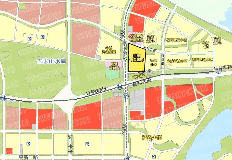 项目北面是科技二路,左岭新城社区医院以及光谷二十九小学,南面是吴家