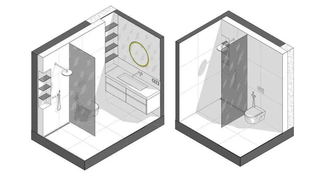 卫生间轴测图靠门一侧的石材是浅灰色而进入到卫生间后则换成了矮色