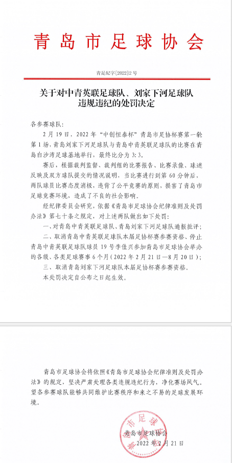 资格|青岛市足协：因消极比赛，中青英联、刘家下河两球队被取消本届足协杯赛资格