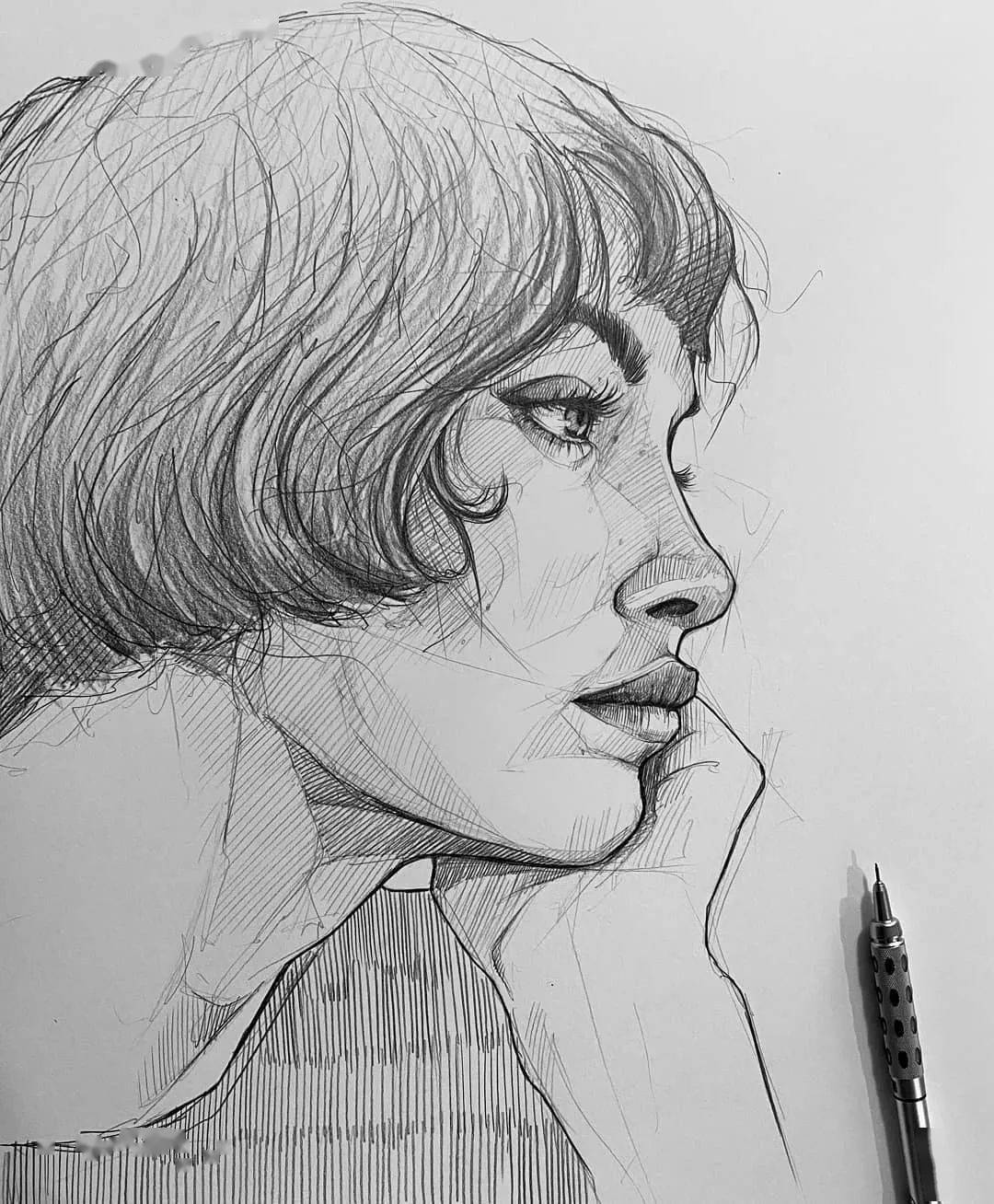 自动铅笔画的人物肖像和动物素描精彩干净