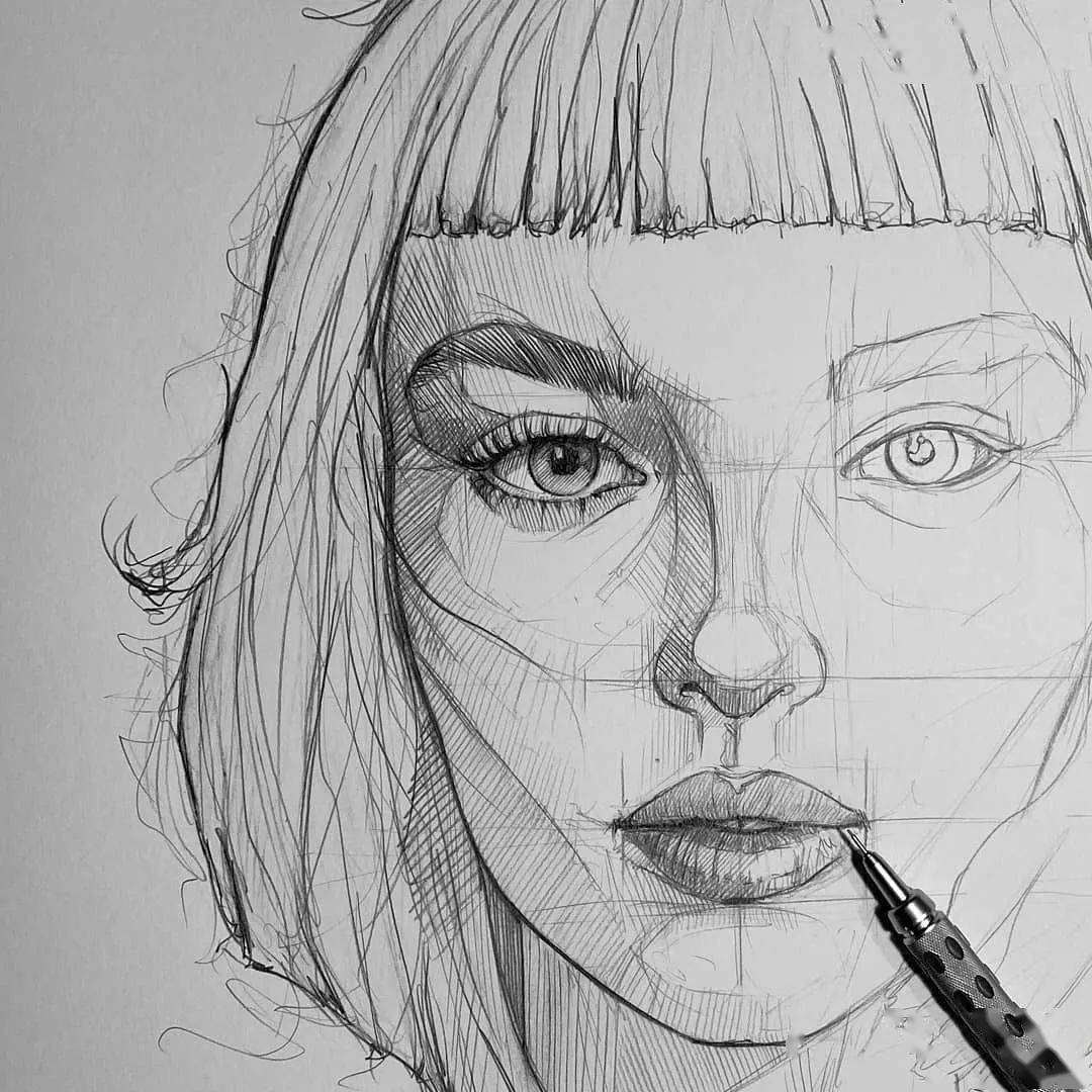 自动铅笔画的人物肖像和动物素描精彩干净