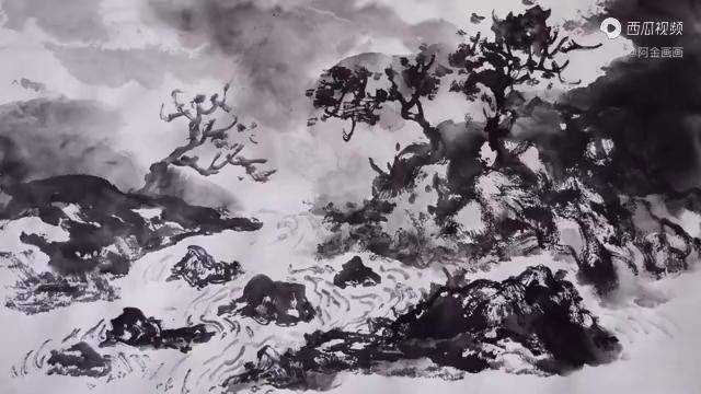 分享用大号毛笔画大写意泼墨山水省略细节两三笔可画成山石