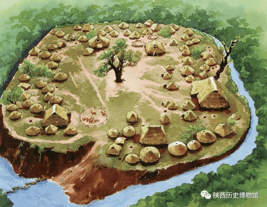 与半坡村落大约同时的还有极负盛名的姜寨村落,是目前考古发掘布局最