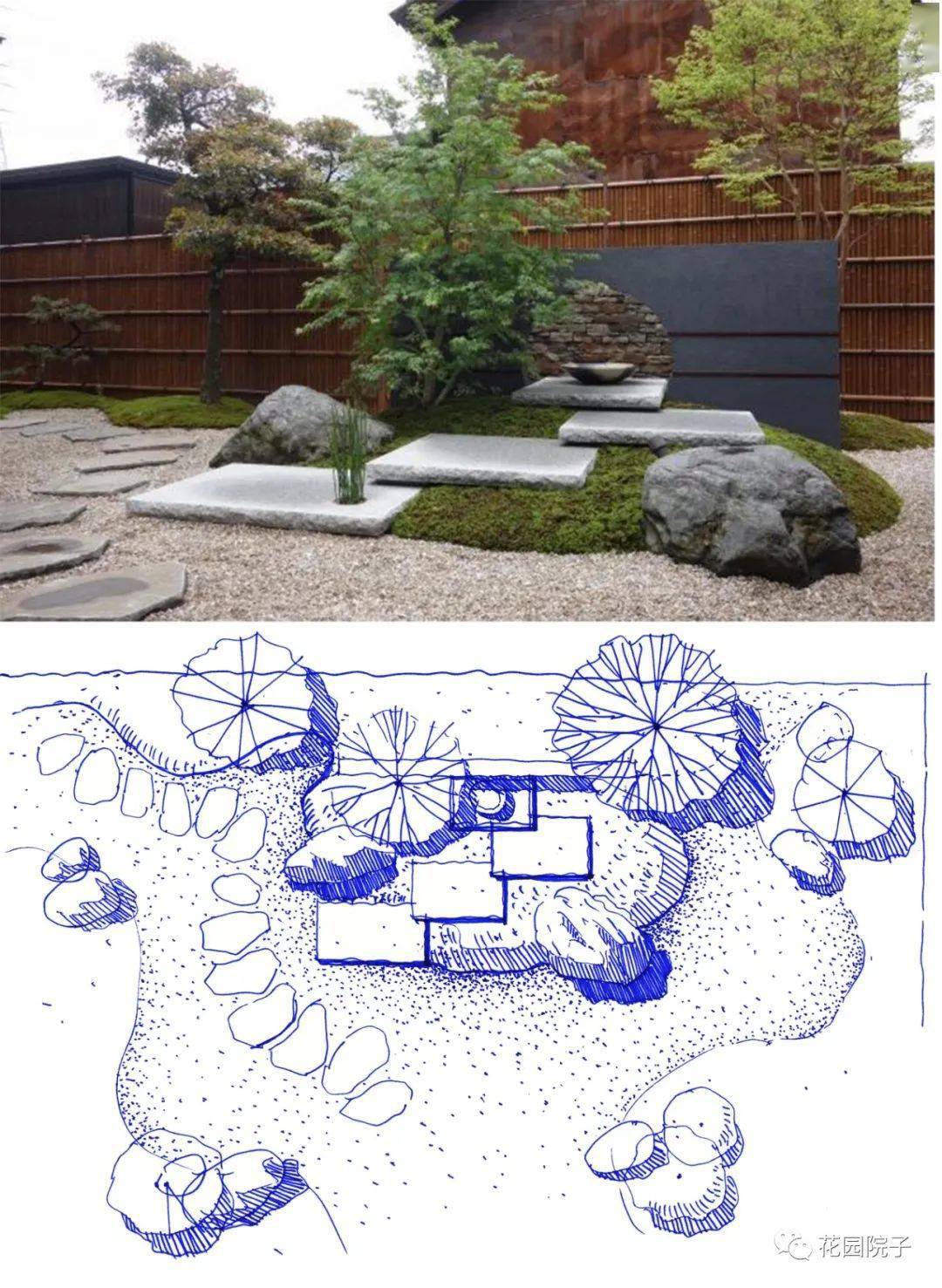 分享幾張枯山水日式庭院造景設計手繪圖