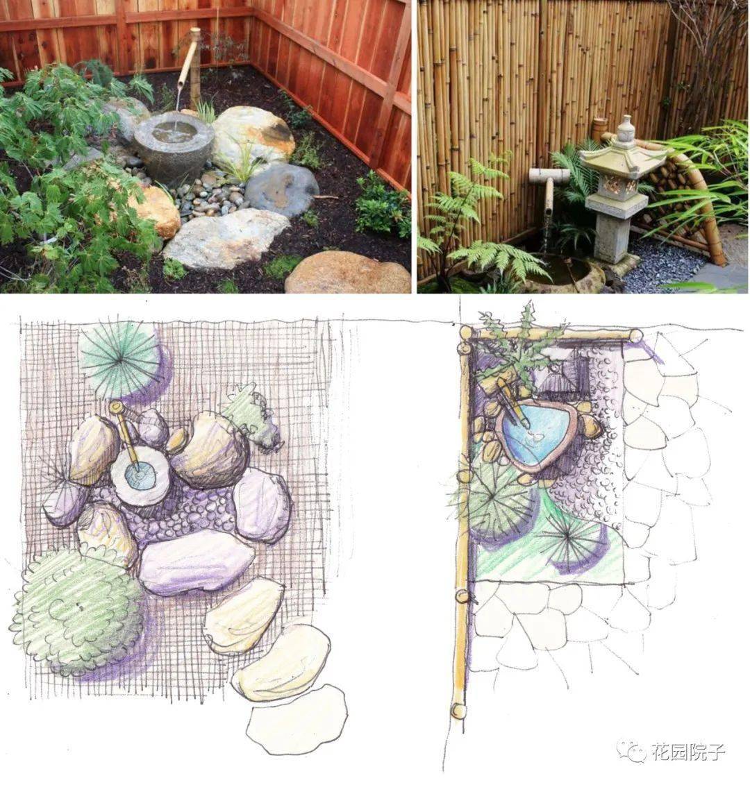 分享几张枯山水日式庭院造景设计手绘图