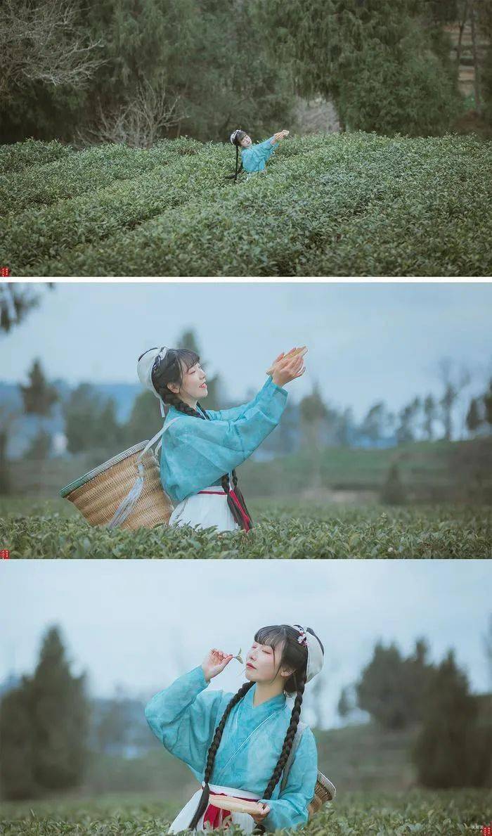 汉服仕女青箬闲耕雨红裙半采茶