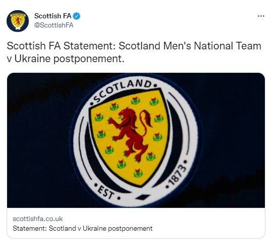 声明|苏格兰足协：支持FIFA推迟乌克兰的附加赛 足球在此刻更次要