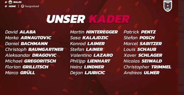 贝尔格莱德红星|奥地利世预赛附加赛大名单：阿拉巴领衔，萨比策、阿瑙托维奇在列