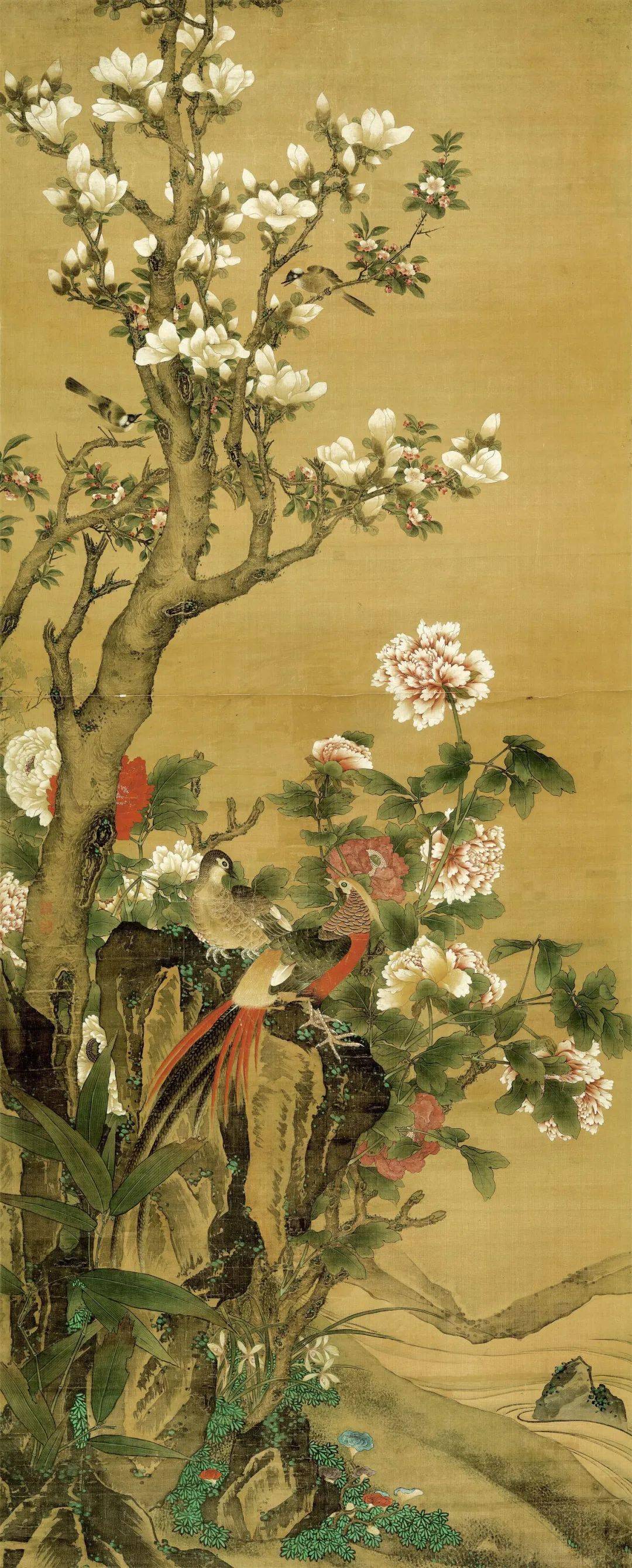 3cm 天津博物馆藏清 胡湄 玉堂富贵图(局部)此幅以白玉兰,海棠花,牡丹