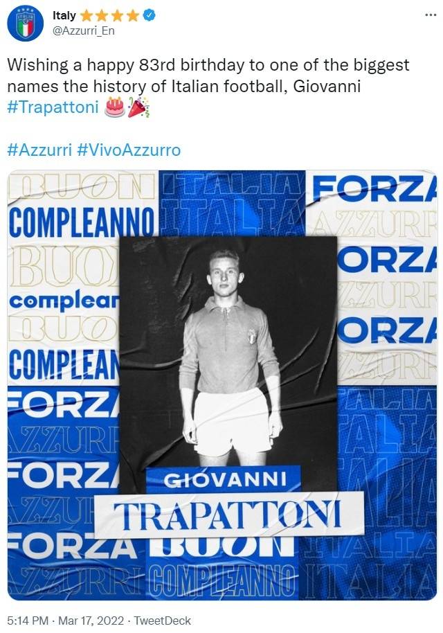 教练|特拉帕托尼83岁生日，意大利国家队官推发文祝贺