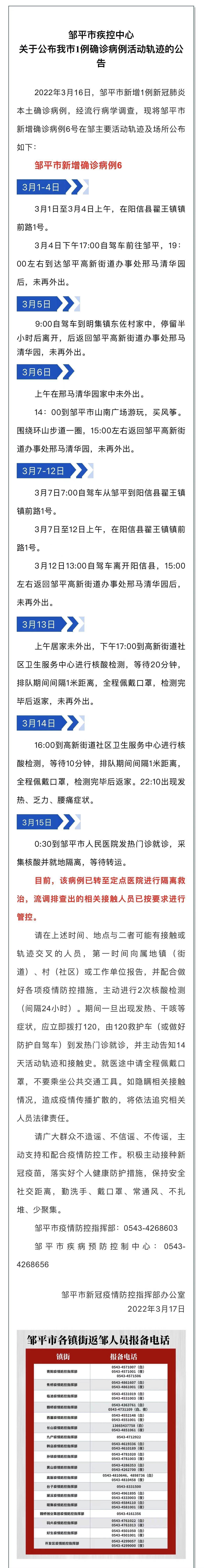 山东滨州邹平公布1例本土确诊病例活动轨迹